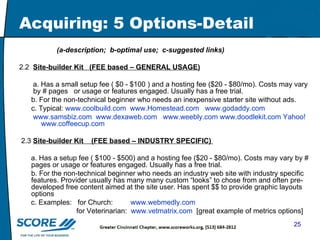 Acquiring: 5 Options-Detail (a-description;  b-optimal use;  c-suggested links) 2.2  Site-builder Kit  (FEE based – GENERAL USAGE) a. Has a small setup fee ( $0 - $100 ) and a hosting fee ($20 - $80/mo). Costs may vary  by # pages  or usage or features engaged. Usually has a free trial. b. For the non-technical beginner who needs an inexpensive starter site without ads. c. Typical:  www.coolbuild.com   www.Homestead.com   www.godaddy.com   www.samsbiz.com   www.dexaweb.com   www.weebly.com   www.doodlekit.com   Yahoo!   www.coffeecup.com 2.3  Site-builder Kit  (FEE based – INDUSTRY SPECIFIC)  a. Has a setup fee ( $100 - $500) and a hosting fee ($20 - $80/mo). Costs may vary by # pages or usage or features engaged. Usually has a free trial.  b. For the non-technical beginner who needs an industry web site with industry specific features. Provider usually has many many custom “looks” to chose from and often pre-developed free content aimed at the site user. Has spent $$ to provide graphic layouts options c. Examples:  for Church:  www.webmedly.com   for Veterinarian:  www.vetmatrix.com   [great example of metrics options] 