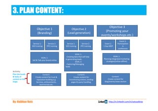 3. PLAN CONTENT:
                                                                                              Objective 3
                       Objective 1                     Objective 2
                                                                                           (Promoting your
                       (Branding)                   (Lead generation)
                                                                                        events/workshops etc.)
                                                                                                          Event 2:
                   Service 1:       Service 2:     Service 1:         Service 2:          Event 1:      Participation
                  SEO training     PPC training   SEO training       PPC training        1 Day MDP            in
                                                                                                         conference

                                                              GOAL 1:
                                                  . Creating data that will help                     GOAL 1:
                             GOAL 1:
                                                  in generating leads.                   Planning Integrated marketing
                  Sell & Talk your brand online
                                                              GOAL 2:                       strategies(online-offline)
                                                  . Capturing/Managing
                                                  leads

Activity:
Plan the heads               Content:                            Content:
& body of            Create content for trust &            Create content for                     Content:
content at this       reputation building e.g.        incentivizing visitors, landing        Create content for
stage.                Services, achievements,           pages & query handling.           blog/events/news section
                         testimonials etc.




By: Vaibhav Vats                                                                              http://in.linkedin.com/in/vatsvaibhav
 
