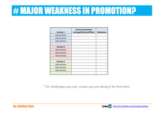 # MAJOR WEAKNESS IN PROMOTION?
                                             Current promotion
                            Service 1     strategy(Online/offline)   Weakness
                           Sub services
                           Sub services
                           Sub services

                            Service 2
                           Sub services
                           Sub services
                           Sub services

                            Service 3
                           Sub services
                           Sub services
                           Sub services




                   * Or challenges you see, incase you are doing it for first time.




By: Vaibhav Vats                                                                http://in.linkedin.com/in/vatsvaibhav
 