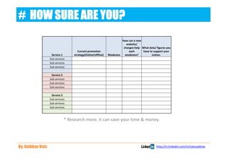 # HOW SURE ARE YOU?
                                                                       How can a new
                                                                          website/
                                                                        changes help What data/ figures you
                                      Current promotion                     each      have to support your
                    Service 1      strategy(Online/offline)   Weakness   weakness?           notion.
                   Sub services
                   Sub services
                   Sub services

                    Service 2
                   Sub services
                   Sub services
                   Sub services

                    Service 3
                   Sub services
                   Sub services
                   Sub services



                              * Research more, it can save your time & money.




By: Vaibhav Vats                                                                                http://in.linkedin.com/in/vatsvaibhav
 