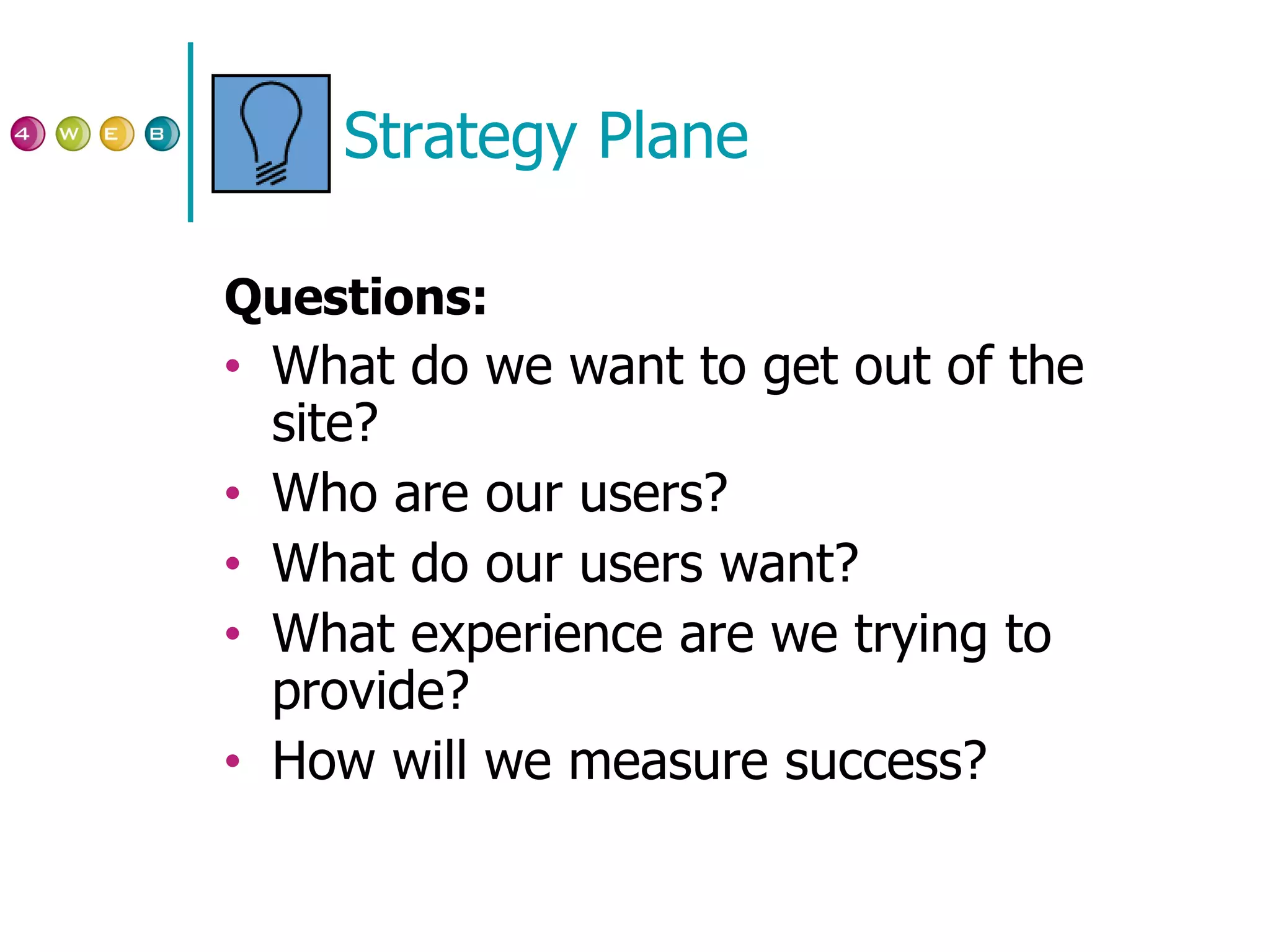 Strategy Plane Questions: What do we want to get out of the site? Who are our users? What do our users want? What experience are we trying to provide? How will we measure success? 