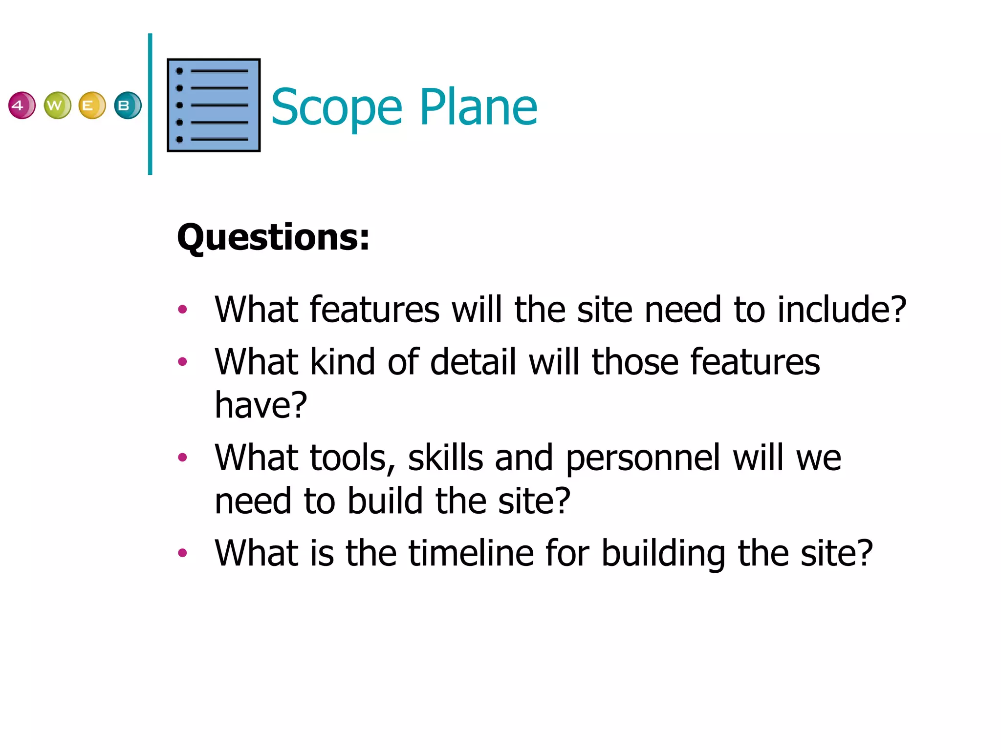 Scope Plane Questions: What features will the site need to include? What kind of detail will those features have? What tools, skills and personnel will we need to build the site? What is the timeline for building the site? 