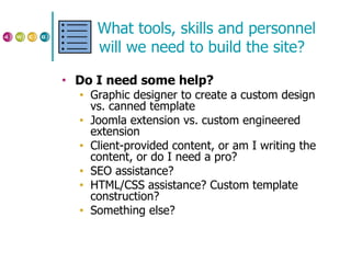 What tools, skills and personnel will we need to build the site? Do I need some help? Graphic designer to create a custom design vs. canned template Joomla extension vs. custom engineered extension Client-provided content, or am I writing the content, or do I need a pro? SEO assistance? HTML/CSS assistance? Custom template construction? Something else? 