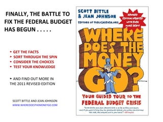   FINALLY, THE BATTLE TO FIX THE FEDERAL BUDGET HAS BEGUN . . . . .  ,[object Object],[object Object],[object Object],[object Object]