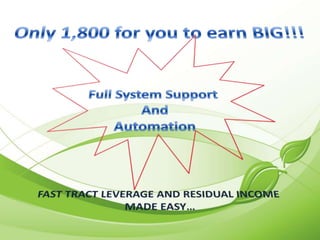Only 1,800 for you to earn BIG!!! Full System Support  And Automation FAST TRACT LEVERAGE AND RESIDUAL INCOME  MADE EASY…  
