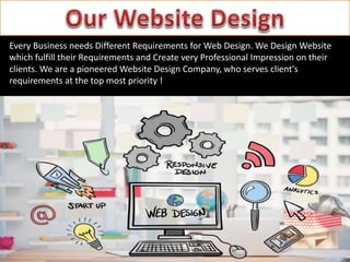 Every Business needs Different Requirements for Web Design. We Design Website
which fulfill their Requirements and Create very Professional Impression on their
clients. We are a pioneered Website Design Company, who serves client's
requirements at the top most priority !
 