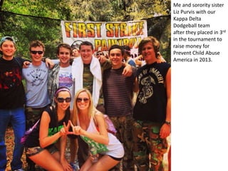 Me and sorority sister
Liz Purvis with our
Kappa Delta
Dodgeball team
after they placed in 3rd
in the tournament to
raise money for
Prevent Child Abuse
America in 2013.
 