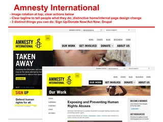 Amnesty International
- Image rotation at top; clear actions below
- Clear tagline to tell people what they do; distinctive home/internal page design change
- 3 distinct things you can do; Sign Up/Donate Now/Act Now; Drupal
 