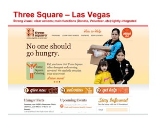 Three Square – Las Vegas
Strong visual; clear actions; main functions (Donate, Volunteer, etc) tightly-integrated
 
