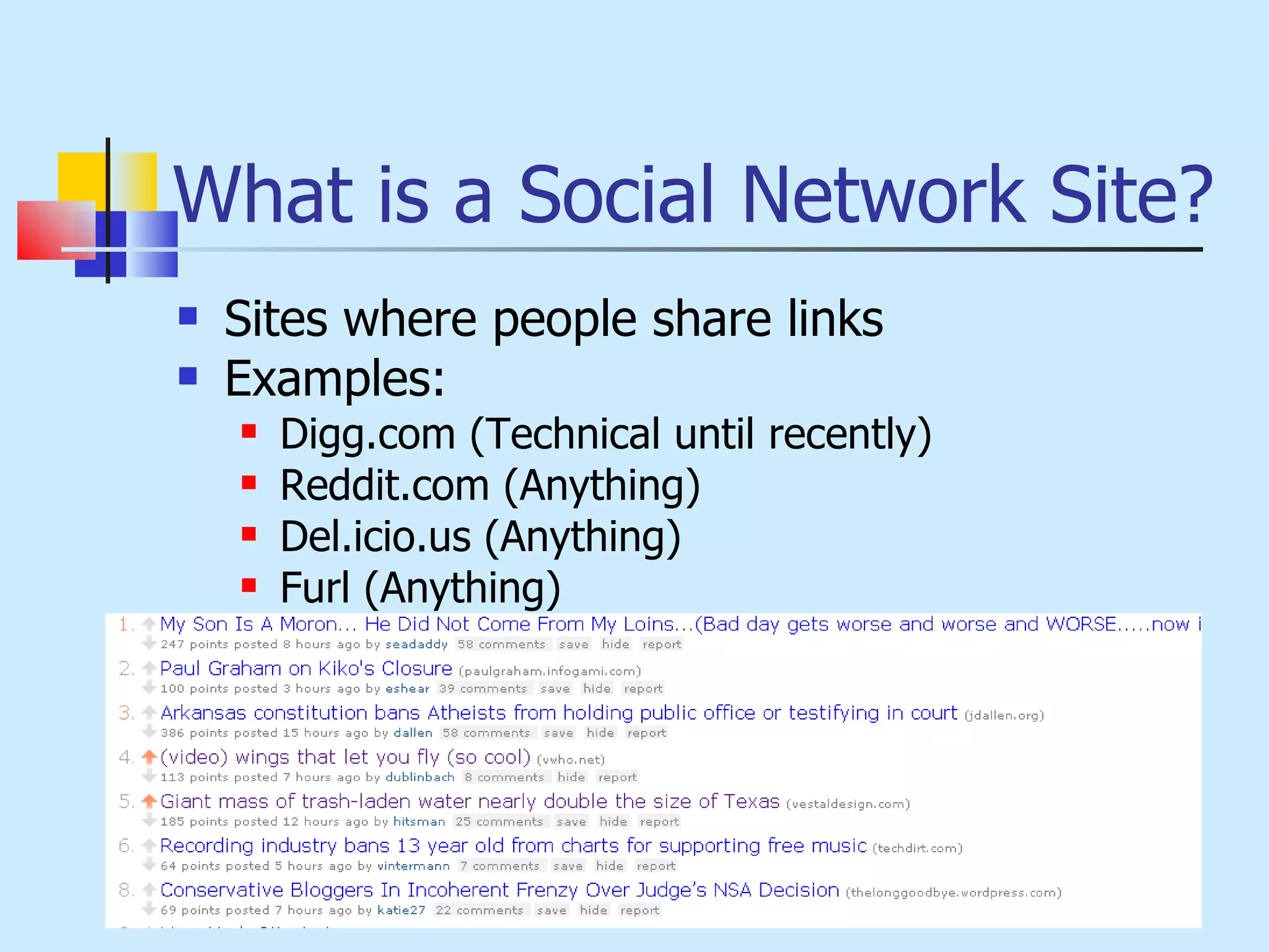 What is a Social Network Site? Sites where people share links Examples: Digg.com (Technical until recently) Reddit.com (Anything) Del.icio.us (Anything) Furl (Anything) 
