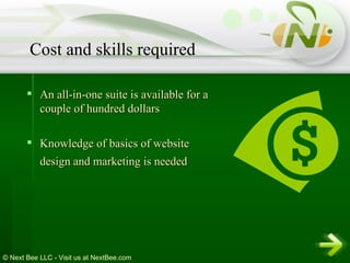 An all-in-one suite is available for a couple of hundred dollars Knowledge of basics of website design and marketing is needed   Cost and skills required 