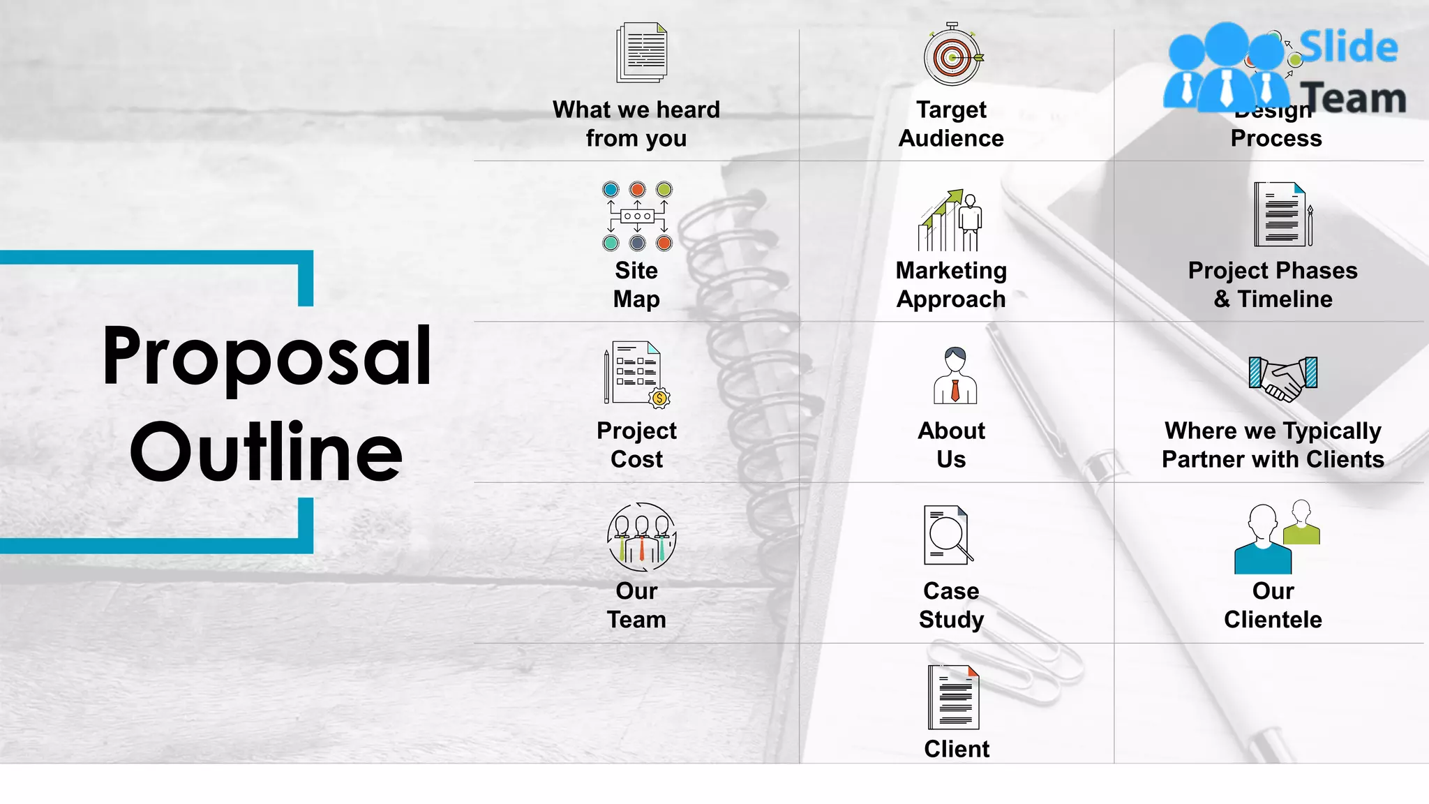 2
2
Proposal
Outline
What we heard
from you
Site
Map
Project
Cost
Our
Team
Target
Audience
Marketing
Approach
About
Us
Case
Study
Design
Process
Project Phases
& Timeline
Where we Typically
Partner with Clients
Our
Clientele
Client
Feedback
 