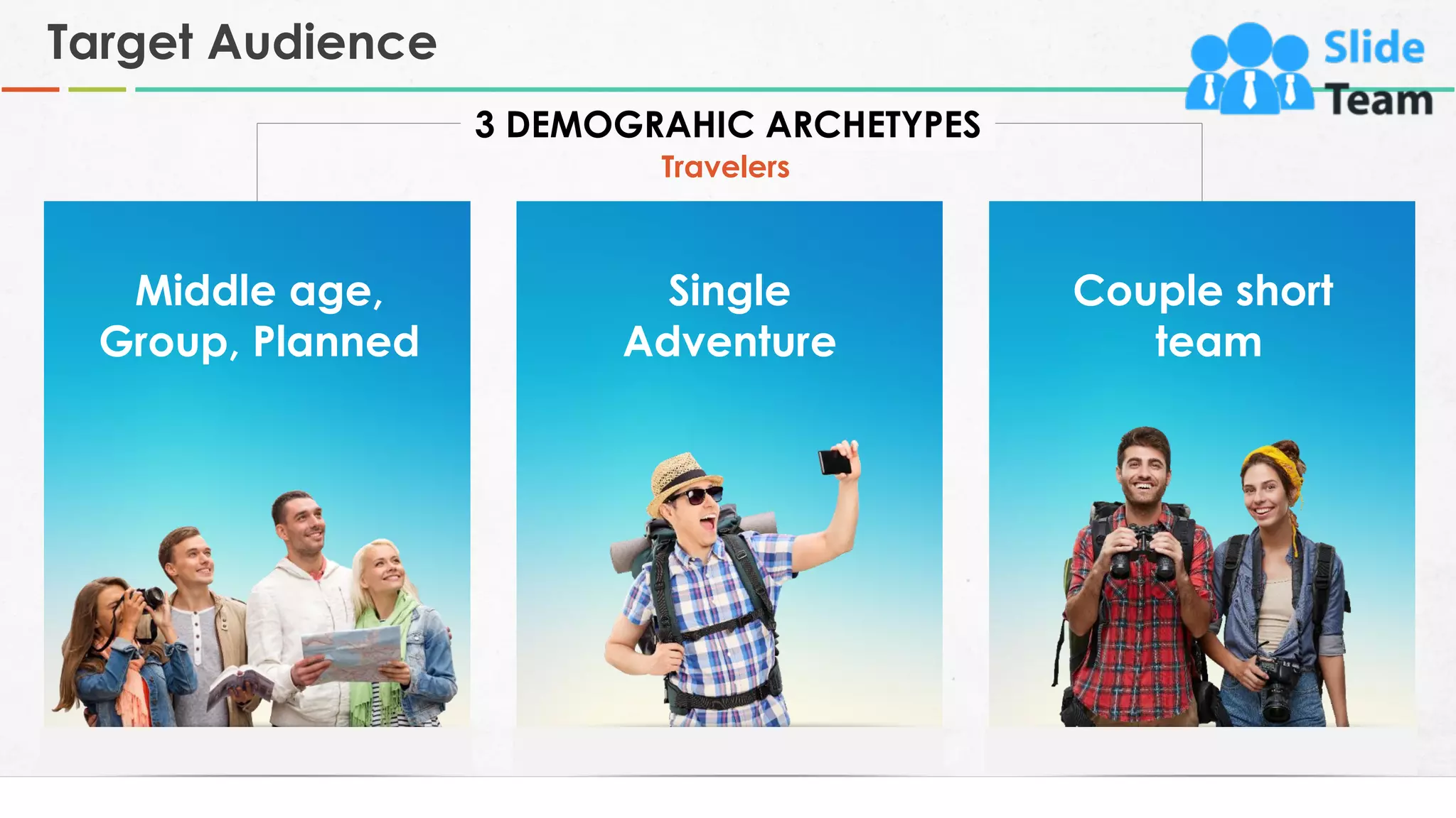 Target Audience
4
Middle age,
Group, Planned
Travelers
3 DEMOGRAHIC ARCHETYPES
Single
Adventure
Couple short
team
 