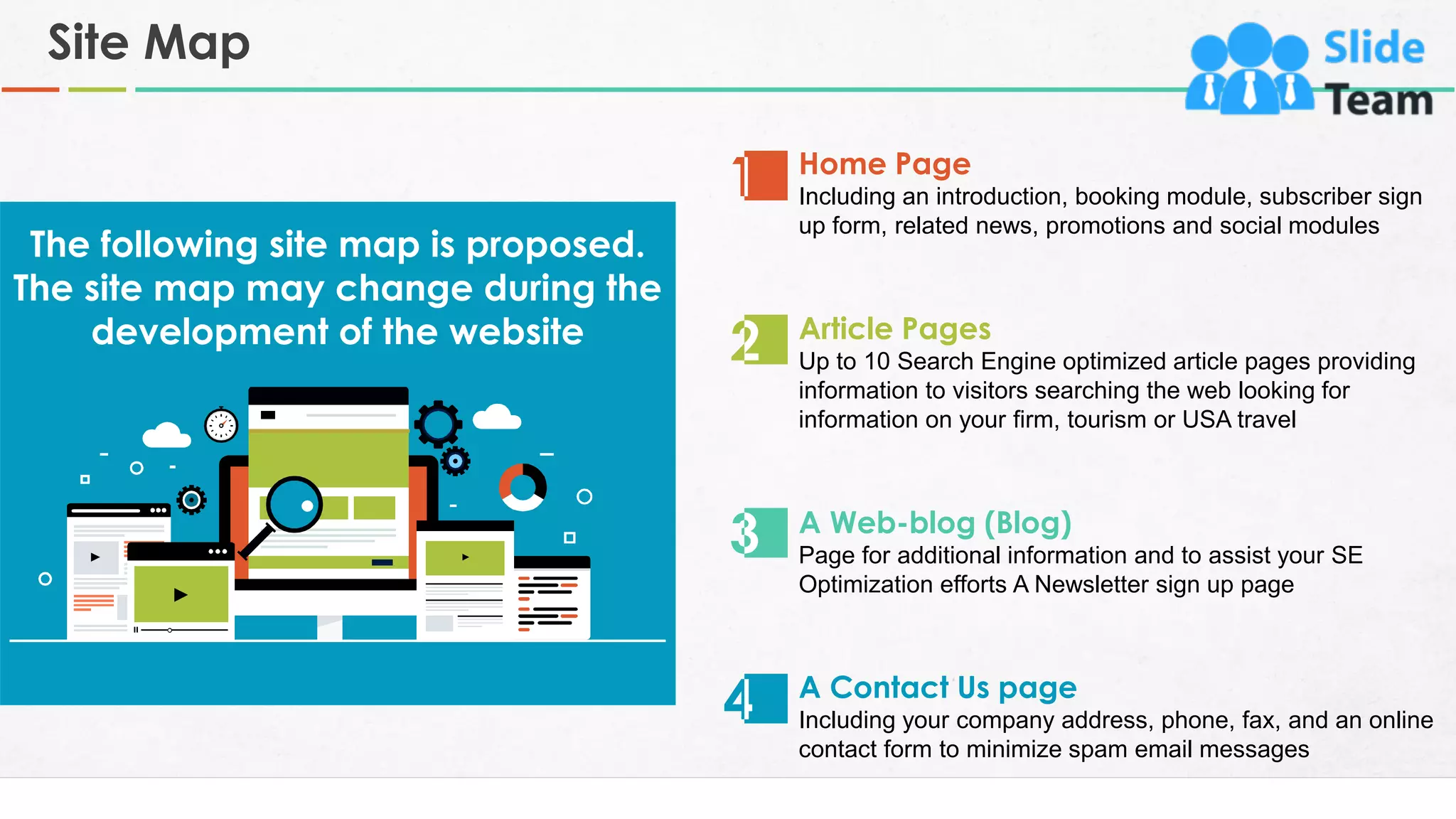 Site Map
6
The following site map is proposed.
The site map may change during the
development of the website
Home Page
Including an introduction, booking module, subscriber sign
up form, related news, promotions and social modules
Article Pages
Up to 10 Search Engine optimized article pages providing
information to visitors searching the web looking for
information on your firm, tourism or USA travel
A Web-blog (Blog)
Page for additional information and to assist your SE
Optimization efforts A Newsletter sign up page
A Contact Us page
Including your company address, phone, fax, and an online
contact form to minimize spam email messages
 