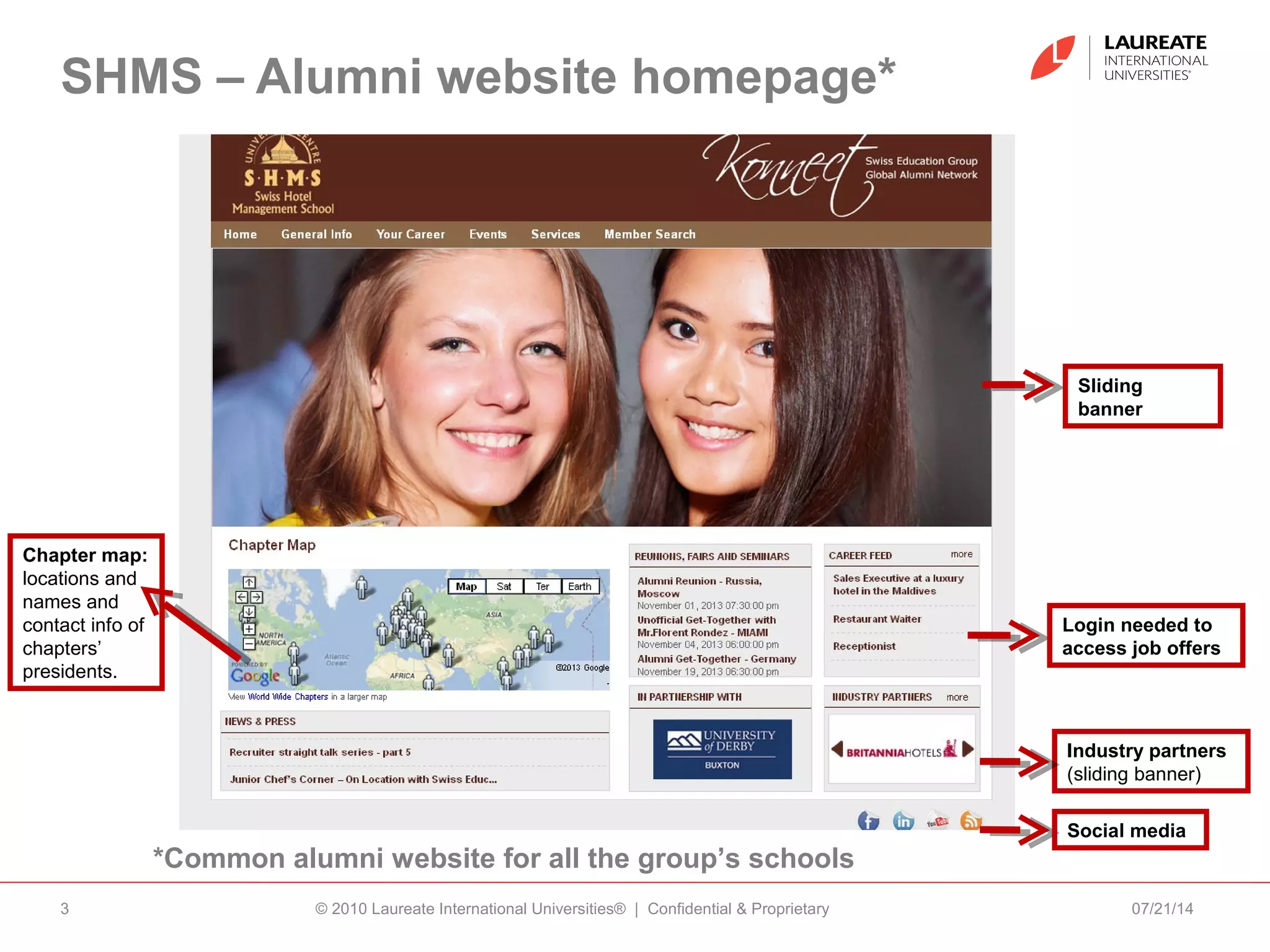 SHMS – Alumni website homepage*
07/21/14© 2010 Laureate International Universities® | Confidential & Proprietary3
Social media
Chapter map:
locations and
names and
contact info of
chapters’
presidents.
Industry partners
(sliding banner)
Login needed to
access job offers
Sliding
banner
*Common alumni website for all the group’s schools
 