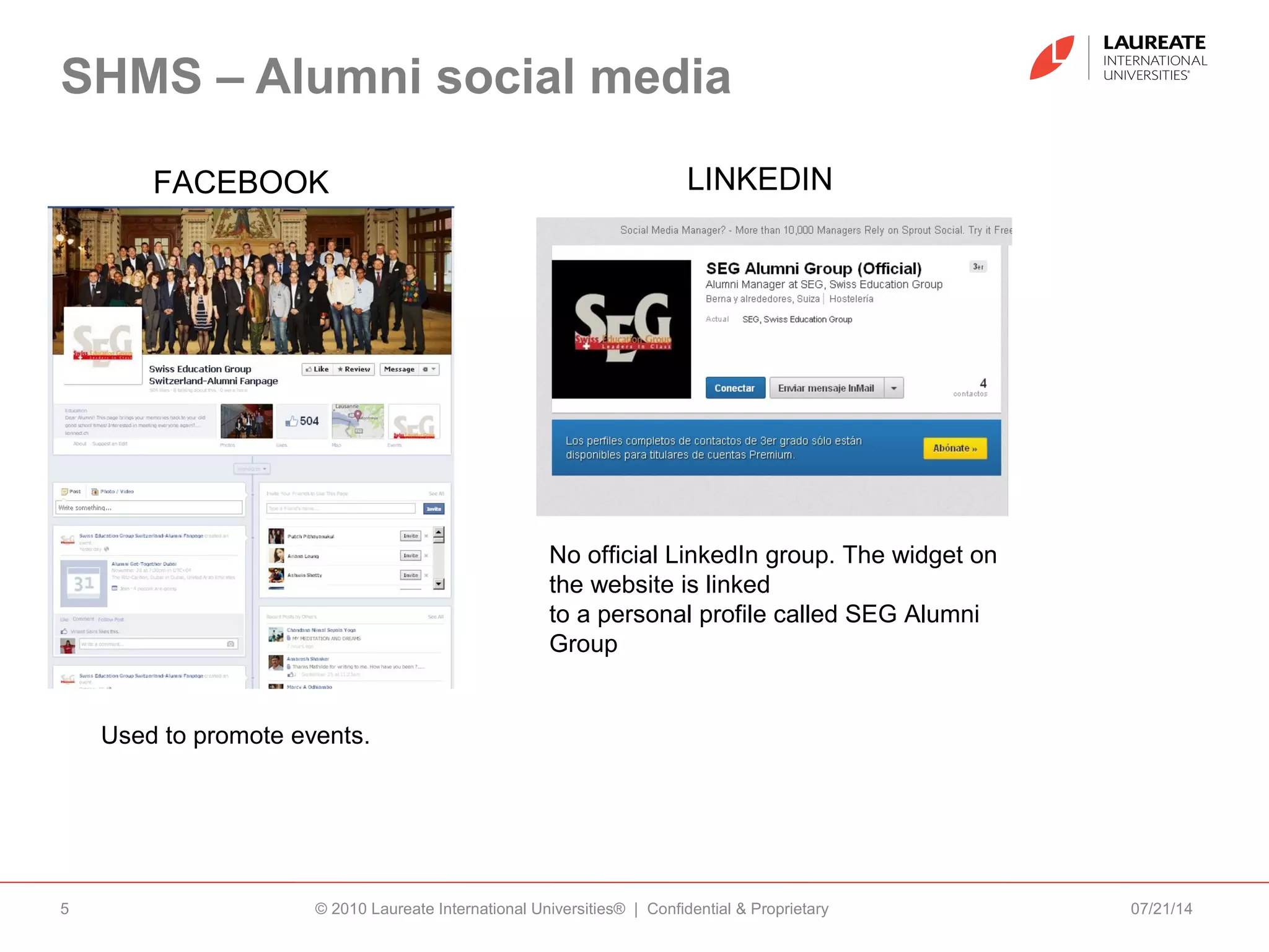 07/21/14© 2010 Laureate International Universities® | Confidential & Proprietary5
SHMS – Alumni social media
FACEBOOK
Used to promote events.
LINKEDIN
No official LinkedIn group. The widget on
the website is linked
to a personal profile called SEG Alumni
Group
 