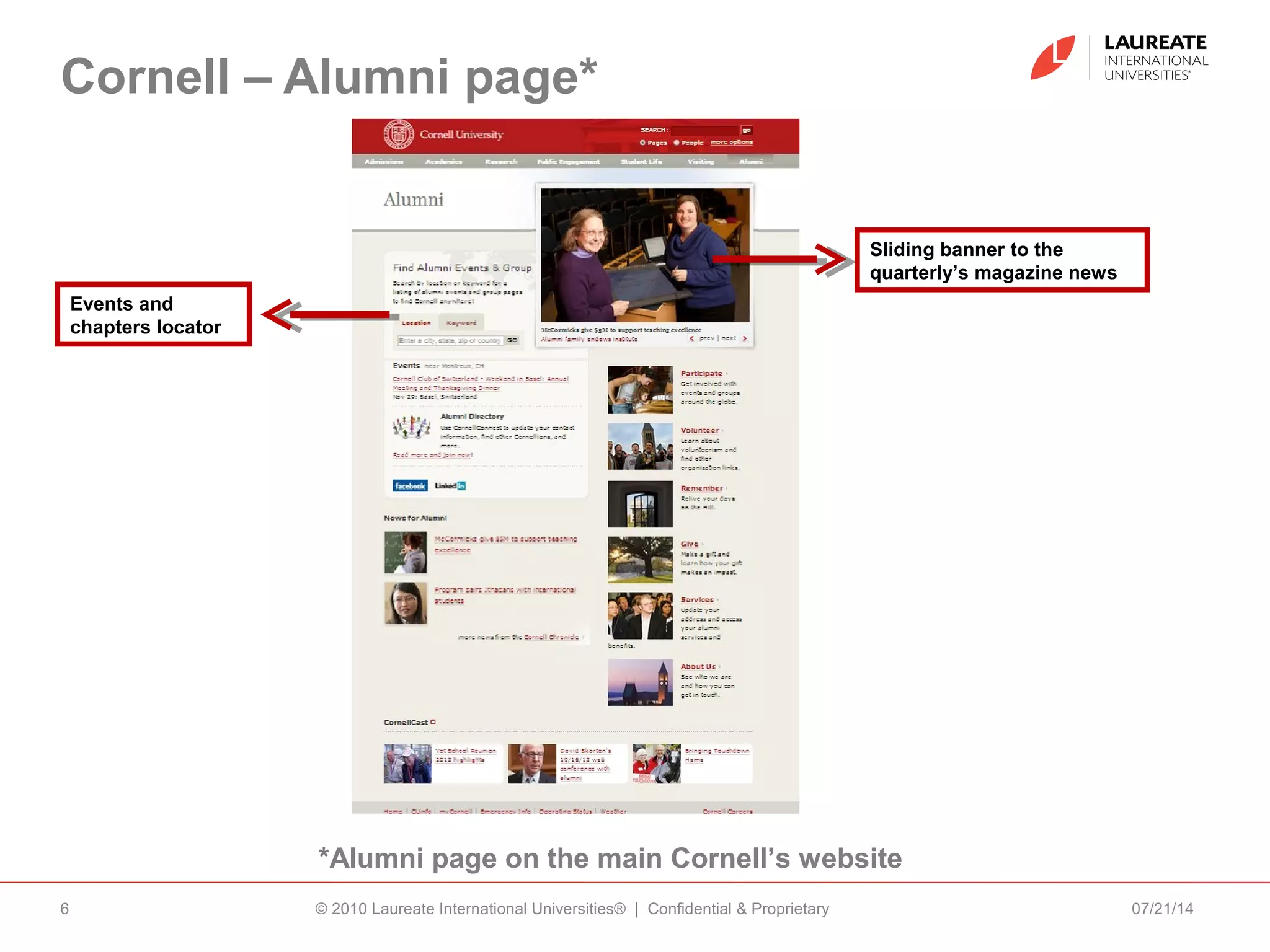 07/21/14© 2010 Laureate International Universities® | Confidential & Proprietary6
Cornell – Alumni page*
*Alumni page on the main Cornell’s website
Events and
chapters locator
Sliding banner to the
quarterly’s magazine news
 