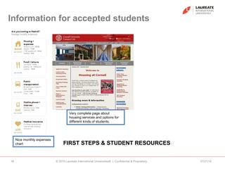 Information for accepted students
07/21/14© 2010 Laureate International Universities® | Confidential & Proprietary18
Very complete page about
housing services and options for
different kinds of students.
FIRST STEPS & STUDENT RESOURCES
Nice monthly expenses
chart
 