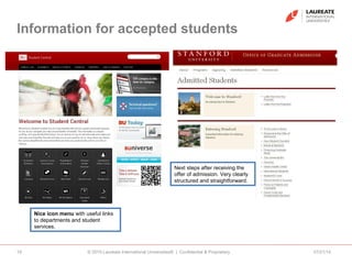Information for accepted students
07/21/14© 2010 Laureate International Universities® | Confidential & Proprietary19
Nice icon menu with useful links
to departments and student
services.
Next steps after receiving the
offer of admission. Very clearly
structured and straightforward.
 