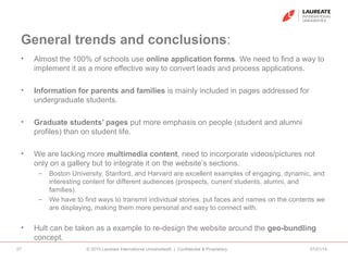 General trends and conclusions:
• Almost the 100% of schools use online application forms. We need to find a way to
implement it as a more effective way to convert leads and process applications.
• Information for parents and families is mainly included in pages addressed for
undergraduate students.
• Graduate students’ pages put more emphasis on people (student and alumni
profiles) than on student life.
• We are lacking more multimedia content, need to incorporate videos/pictures not
only on a gallery but to integrate it on the website’s sections.
– Boston University, Stanford, and Harvard are excellent examples of engaging, dynamic, and
interesting content for different audiences (prospects, current students, alumni, and
families).
– We have to find ways to transmit individual stories, put faces and names on the contents we
are displaying, making them more personal and easy to connect with.
• Hult can be taken as a example to re-design the website around the geo-bundling
concept.
07/21/14© 2010 Laureate International Universities® | Confidential & Proprietary27
 