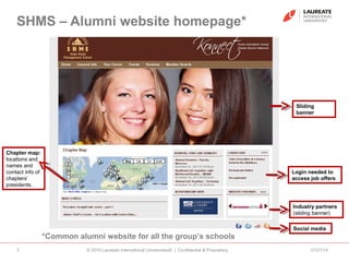 SHMS – Alumni website homepage*
07/21/14© 2010 Laureate International Universities® | Confidential & Proprietary3
Social media
Chapter map:
locations and
names and
contact info of
chapters’
presidents.
Industry partners
(sliding banner)
Login needed to
access job offers
Sliding
banner
*Common alumni website for all the group’s schools
 