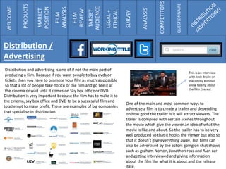 Distribution and advertising is one of if not the main part of
producing a film. Because if you want people to buy dvds or
tickets then you have to promote your film as much as possible
so that a lot of people take notice of the film and go see it at
the cinema or wait until it comes on Sky box office or DVD.
One of the main and most common ways to
advertise a film is to create a trailer and depending
on how good the trailer is it will attract viewers. The
trailer is compiled with certain scenes throughout
the movie which give the viewer an idea of what the
movie is like and about. So the trailer has to be very
well produced so that it hooks the viewer but also so
that it doesn’t give everything away. But films can
also be advertised by the actors going on chat shows
such as graham Norton, Jonathon ross and Alan car
and getting interviewed and giving information
about the film like what it is about and the release
date.
This is an interview
with Josh Brolin on
the Jimmy Kimmel
show talking about
the film Everest
Distribution is very important because the film has to make it to
the cinema, sky box office and DVD to be a successful film and
to attempt to make profit. These are examples of big companies
that specialise in distribution.
WELCOME
PRODUCTS
MARKET
POSITION
FILM
ANALYSIS
FILM
REVIEW
TARGET
AUDIENCE
LEGAL+
ETHICAL
SURVEY
ANALYSIS
COMPETITORS
QUESTIONNAIRE
Distribution /
Advertising
 