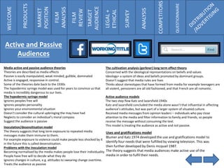 WELCOME
PRODUCTS
MARKET
POSITION
FILM
ANALYSIS
FILM
REVIEW
TARGET
AUDIENCE
LEGAL+
ETHICAL
SURVEY
ANALYSIS
COMPETITORS
QUESTIONNAIRE
Active and Passive
Audiences
Media active and passive audience theories
Theories are described as media effects
Passive is easily manipulated, weak minded, gullible, dominated
Active is engaged, responsive in control.
Some of the theories date back to the 1930s
The hypodermic syringe model was used for years to convince us that
media is incredibly dangerous to our lives.
The hypodermic syringe model
Ignores peoples free will
Ignores peoples personality
Ignores your environmental situation
Doesn’t consider the cultural upbringing the may have had
Neglects to consider an individual’s moral compass
Suggest the audience is passive
Inoculation/desensitisation model
The theory suggests that long term exposure to repeated media
messages make them immune to them.
For example exposure to violence could make people less shocked by it
in the future this is called desensitisation.
Problems with the inoculation model
Becoming normalised by the media makes people lose their individuality
People have free will to decide what they do
Ignores changes in culture, e.g. attitudes to swearing change overtime.
Treats the audience as passive
The cultivation analysis (gerbner) long term effect theory
Concerned with the ideological representations on beliefs and values
Ideology= a system of ideas and beliefs promoted by dominant groups.
Doesn’t suggest that media rules are lives
Thinks about stereotypes that have formed from media for example teenagers are
all violent, pensioners are all old fashioned, and that French are all romantic.
Active audience models
The two step flow Katz and lazarsfield 1940s
Katz and lazarsfield concluded the media alone wasn’t that influential in affecting
audience’s attitudes, but was part of a larger system of situated culture.
Received media messages from opinion leaders – individuals who pay close
attention to the media and filter information to family and friends, so people
receive the message without consuming the text.
This model is treating the audience as active and not passive.
Uses and gratifications model
Blumer and Katz 1974 developed the use and gratifications model to
identify four needs that were fulfilled by viewing television. This was
then further developed by Denis mcquail 1987.
The theory suggests that media audiences make active use of the
media in order to fulfil their needs.
 
