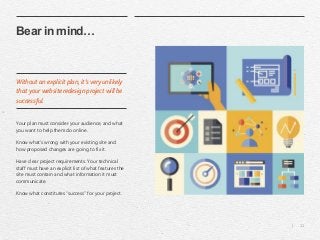 | 11 
Bear in mind… 
Without an explicit plan, it’s very unlikely 
that your website redesign project will be 
successful. 
Your plan must consider your audience, and what 
you want to help them do online. 
Know what’s wrong with your existing site and 
how proposed changes are going to fix it. 
Have clear project requirements. Your technical 
staff must have an explicit list of what features the 
site must contain and what information it must 
communicate. 
Know what constitutes “success” for your project. 
