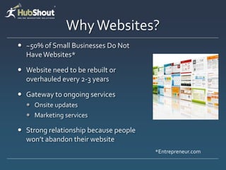 Why Websites?
 ~50% of Small Businesses Do Not
  Have Websites*

 Website need to be rebuilt or
  overhauled every 2-3 years

 Gateway to ongoing services
   Onsite updates
   Marketing services

 Strong relationship because people
  won’t abandon their website
                                       *Entrepreneur.com
 