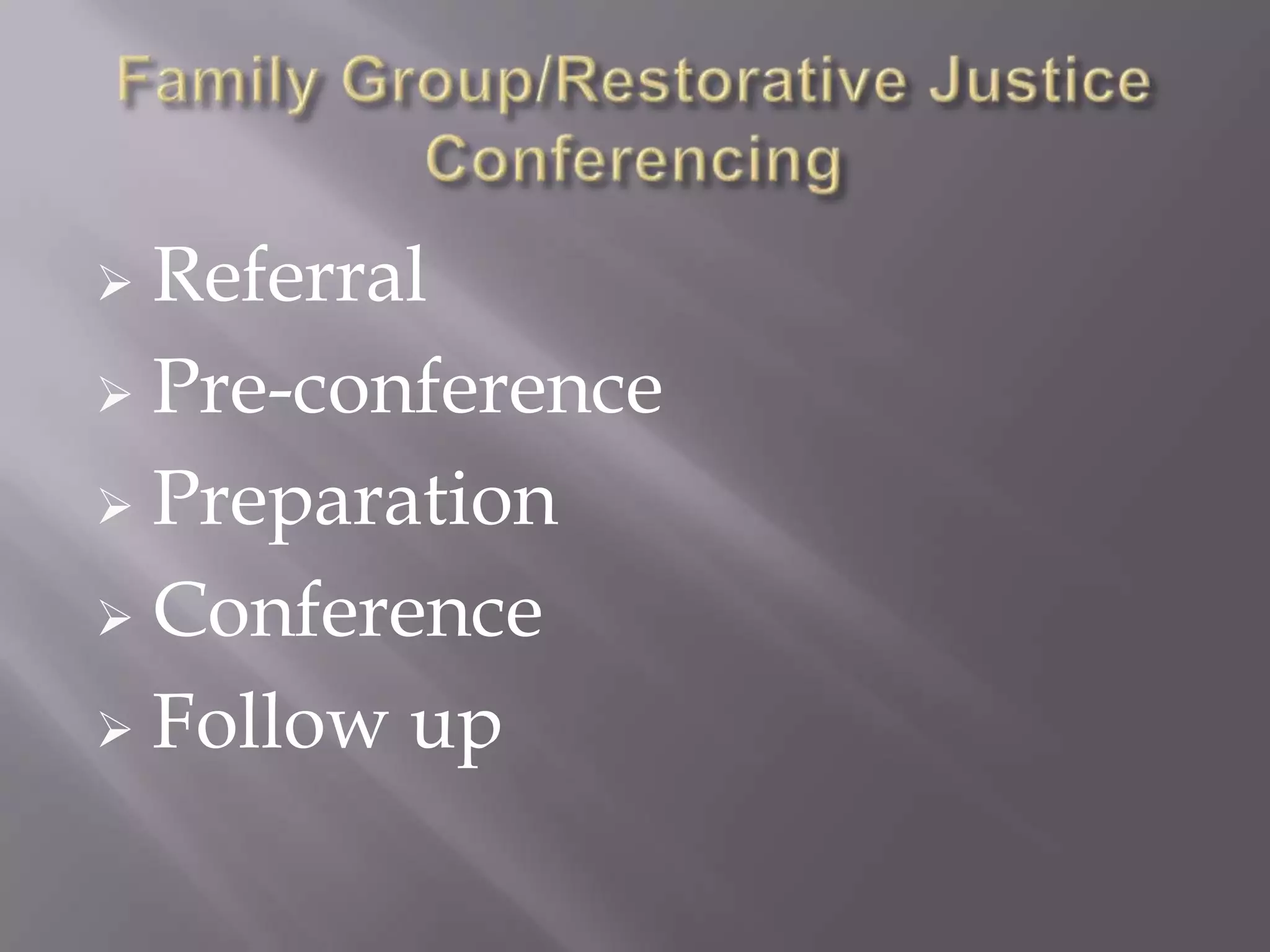 TransformationImportant FeaturesAn opportunity for encounterEmphasis on repairing the harmInclusion of victim and offenders in programGoal of reintegration of victim and offender