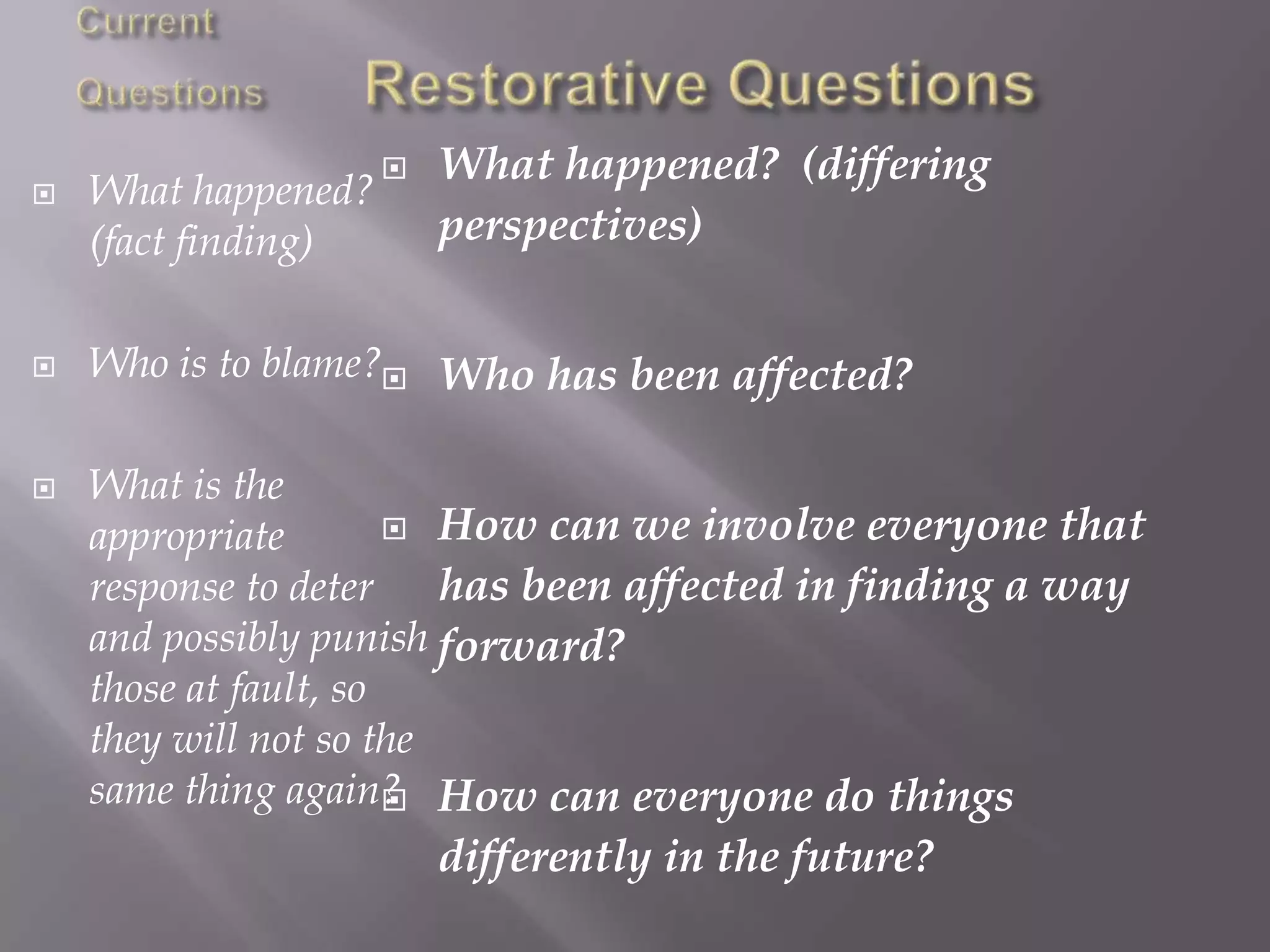 Victim, Offenders, Community identify the harm and decide what needs to happen
