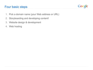 Four basic steps Pick a domain name (your Web address or URL) Storyboarding and developing content! Website design & development Web hosting 