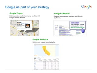 Google as part of your strategy Google Places Helping customers find your shop or office with Google Places – for free. Google AdWords Helping promote your business with Google AdWords. Google Analytics Helping you analyze website traffic. 