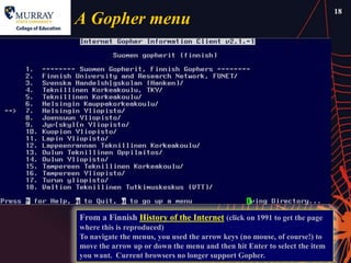 18
A Gopher menu




From a Finnish History of the Internet (click on 1991 to get the page
where this is reproduced)
To navigate the menus, you used the arrow keys (no mouse, of course!) to
move the arrow up or down the menu and then hit Enter to select the item
you want. Current browsers no longer support Gopher.
 