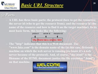 28
             Basic URL Structure
Parts
  – A URL has three basic parts: the protocol (how to get the resource);
    the server id (who to get the resource from); and the resource id (the
    name of the resource and how to find it on the target machine). In its
    most basic form, this looks like the following:



  – The "http" indicates that this is a Web document. The
    "www.fake.com" is the domain name of the (in this case, fictional)
    machine on which the web server is running (we know it's a web
    server because of the protocol). And, of course, "doc.html" is the
    filename of the HTML document (notice the file extension ".html")
    on that machine.
 
