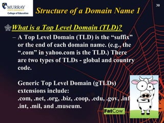 30
          Structure of a Domain Name 1

What is a Top Level Domain (TLD)?
  – A Top Level Domain (TLD) is the ―suffix‖
    or the end of each domain name. (e.g., the
    ―.com‖ in yahoo.com is the TLD.) There
    are two types of TLDs - global and country
    code.

   Generic Top Level Domain (gTLDs)
   extensions include:
   .com, .net, .org, .biz, .coop, .edu, .gov, .info,
   .int, .mil, and .museum.
 
