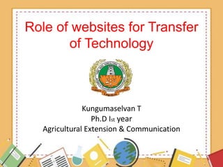 Role of websites for Transfer
of Technology
Kungumaselvan T
Ph.D Ist year
Agricultural Extension & Communication
 