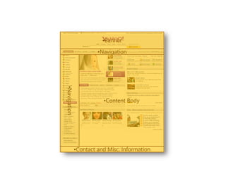 Follow Website Conventions
                          •Banner

                        •Navigation

     •Navigation




                          •Content Body




               •Contact and Misc. Information
 