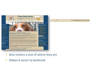 Breadcrumb Navigation




• Give visitors a clue of where they are
• Makes it easier to backtrack
 