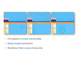 Visual Consistency




• First glance is most memorable
• Keep visuals consistent
• Reinforce their sense of security
 