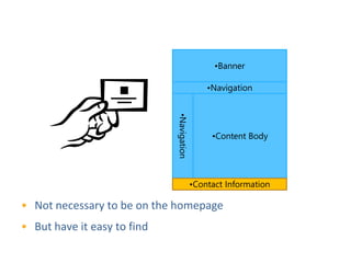 Make it Easy to Contact You
                                                 •Banner

                                               •Navigation




                             •Navigation
                                                •Content Body




                                           •Contact Information

• Not necessary to be on the homepage
• But have it easy to find
 