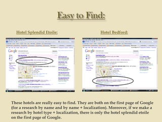 Hotel Splendid Etoile:                         Hotel Bedford:




These hotels are really easy to find. They are both on the first page of Google
(for a research by name and by name + localization). Moreover, if we make a
research by hotel type + localization, there is only the hotel splendid etoile
on the first page of Google.
 