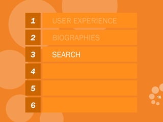 1616
1
2
3
4
5
6
USER EXPERIENCE
BIOGRAPHIES
SEARCH
CLIENT ACQUISITION
MICRO-SITES
MOBILE CROSS-DEVICE
 