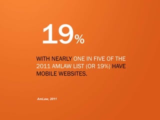 48
19%
WITH NEARLY ONE IN FIVE OF THE
2011 AMLAW LIST (OR 19%) HAVE
MOBILE WEBSITES.
AmLaw, 2011
 