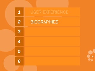 88
1
2
3
4
5
6
USER EXPERIENCE
BIOGRAPHIES
SEARCH
CLIENT ACQUISITION
MICRO-SITES
MOBILE CROSS-DEVICE
 