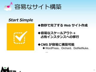 容易なサイト構築
11
Start Simple
数秒で完了する Web サイト作成
容易なスケールアウト＋
占有インスタンスへの移行
CMS が容易に構築可能
WordPress、Orchard、DotNetNuke、
…
 