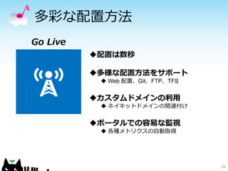 多彩な配置方法
22
Go Live
配置は数秒
多様な配置方法をサポート
 Web 配置、Git、FTP、TFS
カスタムドメインの利用
 ネイキットドメインの関連付け
ポータルでの容易な監視
 各種メトリクスの自動取得
 