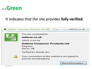  If   Green
   It indicates that the site provides fully verified.




   2/19/2013
 