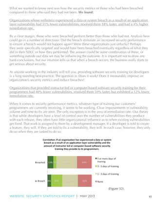 What we wanted to know next was how the security metrics of those who had been breached
compared to those who said they had not been. We found:
Organizations whose website(s) experienced a data or system breach as a result of an application
layer vulnerability had 51% fewer vulnerabilities, resolved them 18% faster, and had a 4% higher
remediation rate.
By a clear margin, those who were breached perform better than those who had not. Analysis here
could go in a number of directions: Did the breach stimulate an increased security performance
to ensure a breach would not happen again? Were these organizations just unlucky? Perhaps
did in their SDLC or how they performed. The answer could be some combination of these, or
hard conclusions, but our intuition tells us that when a breach occurs, the business really starts to
get serious about security.
As anyone working in the industry will tell you, providing software security training for developers
is a long-standing best-practice. The question is: Does it work? Does it measurably improve an
organization’s security metrics and reduce breaches?
Organizations that provided instructor-led or computer-based software security training for their
programmers had 40% fewer vulnerabilities, resolved them 59% faster, but exhibited a 12% lower
remediation rate.
When it comes to security performance metrics, whatever type of training our customers’
programmers are currently receiving, it seems to be working. Clear improvements in vulnerability
is that while developers have a level of control over the number of vulnerabilities they produce

do so when they are tasked to do so.

WEBSITE SECURITY STATISTICS REPORT | MAY 2013

41

 