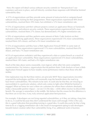Next, this report will detail various software security controls (or “best-practices”) our
customers said were in place, and will directly correlate those responses with WhiteHat Sentinel
vulnerability data:
• 57% of organizations said they provide some amount of instructor-led or computer-based
software security training for their programmers. These organizations experienced 40% fewer
vulnerabilities, resolved them 59% faster, but exhibited a 12% lower remediation rate.
• 53% of organizations said their software projects contain an application library or framework
that centralizes and enforces security controls. These organizations experienced 64% more
vulnerabilities, resolved them 27% slower, but demonstrated a 9% higher remediation rate.
• 39% of organizations said they perform some amount of Static Code Analysis on their
website(s) underlying applications. These organizations experienced 15% more vulnerabilities,
resolved them 26% slower, and had a 4% lower remediation rate.
• 55% of organizations said they have a Web Application Firewall (WAF) in some state of
deployment. These organizations experienced 11% more vulnerabilities, resolved them 8%
slower, and had a 7% lower remediation rate.
•23% of organizations website(s) said they experienced a data or system breach as a result of
an application layer vulnerability. These organizations experienced 51% fewer vulnerabilities,
resolved them 18% faster, and had a 4% higher remediation rate.
Much of the data above seems reasonable, even logical, while other bits seem completely
counterintuitive. For instance, organizations that do perform Static Code Analysis or have a Web
Application Firewall appear to have notably worse performance metrics than those who did
neither.
One explanation may be that these metrics are precisely WHY these organizations [recently]
have fewer vulnerabilities). This remains to be seen. It could also be that they are misusing or
engaged. What we know for sure is there are customers for whom these solutions absolutely
make a measurable positive impact -- we see it in the data -- while others receive no discernible
that there are in fact few, if any, truly universal application best-practices.

to do so, it could be because they don’t understand the issues well enough. If this is the case,
this is a good indication that providing training is a good idea. It could also easily be that a long

WEBSITE SECURITY STATISTICS REPORT | MAY 2013

5

 